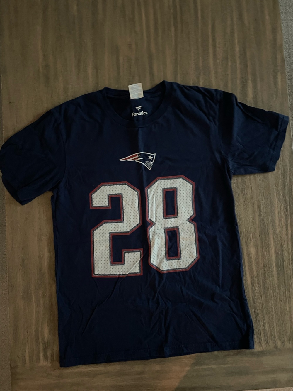 Fanatics Navy New England Patriots #28 Tee with White/Red Accents— WHITE